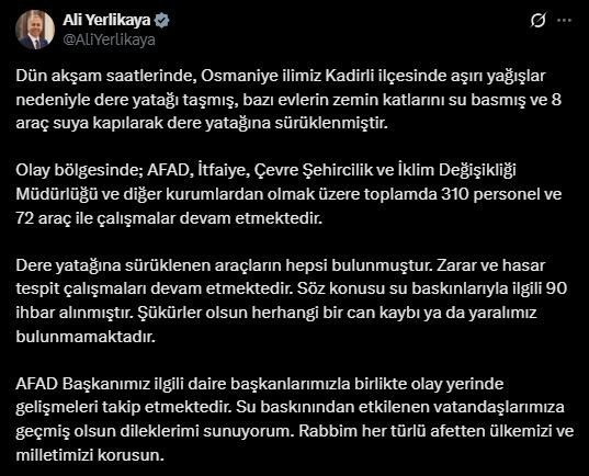 İçişleri Bakanı Ali Yerlikaya, Osmaniye’de aşırı yağışlar nedeniyle derenin taşması