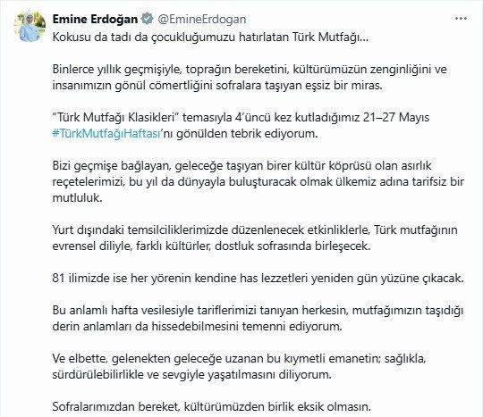 Emine Erdoğan’dan Türk Mutfağı Haftası paylaşımı Cumhurbaşkanı Recep Tayyip Erdoğan’ın eşi Emine Erdoğan, “Türk mutfağı klasikleri”
