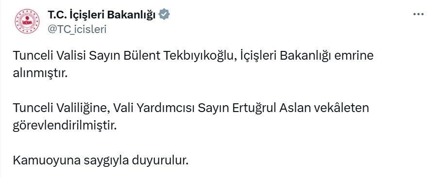 Tunceli Valisi Tekbıyıkoğlu merkeze çekildi İçişleri Bakanlığı, Tunceli Valisi Bülent Tekbıyıkoğlu’nun merkeze çekildiğini açıkladı. İçişleri
