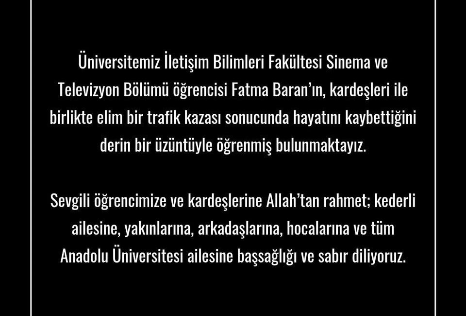 Anadolu Üniversitesi Rektörü Adıgüzel’den hayatını kaybeden öğrenci için taziye mesajı Anadolu Üniversitesi rektörü Yusuf Adıgüzel, trafik kazasında hayatını kaybeden öğrenci