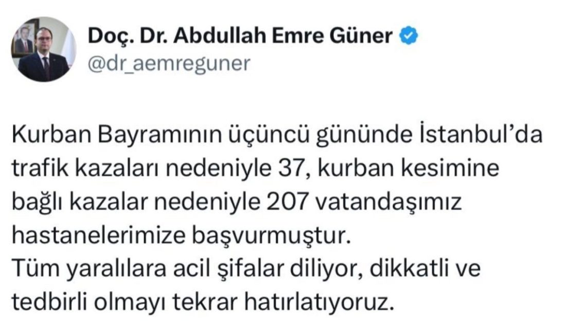 İstanbul’da bayramın 3’üncü gününde 244 kişi hastaneye başvurdu İstanbul İl Sağlık Müdürü Doç. Dr. Abdullah Emre Güner, Kurban