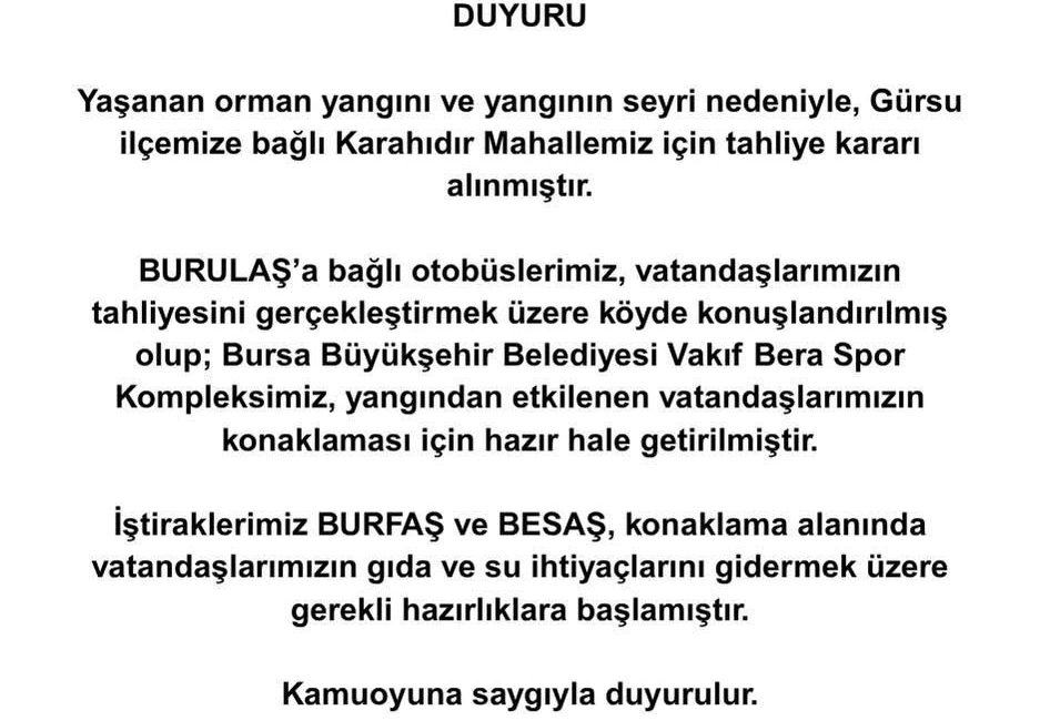 Bursa’da yangın sebebiyle Karahıdır Mahallesi boşaltılıyor Kestel ile Gürsu ilçeleri arasındaki ormanlık alandaki yangın sebebiyle Karahıdır