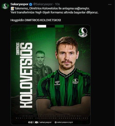 Sakaryaspor Dimitrios Kolovetsios’ı kadrosuna kattı Sakaryaspor, Dimitrios Kolovetsios’ı kadrosuna kattığını açıkladı. Trendyol 1. Lig ekiplerinden