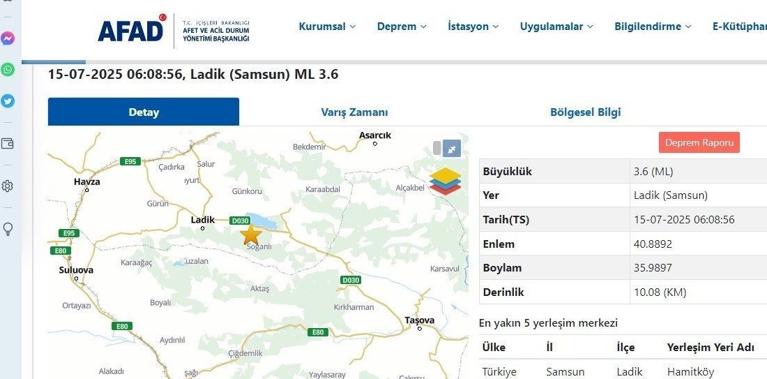 Samsun’un Ladik ilçesinde sabah saatlerinde 3.6 büyüklüğünde bir deprem meydana