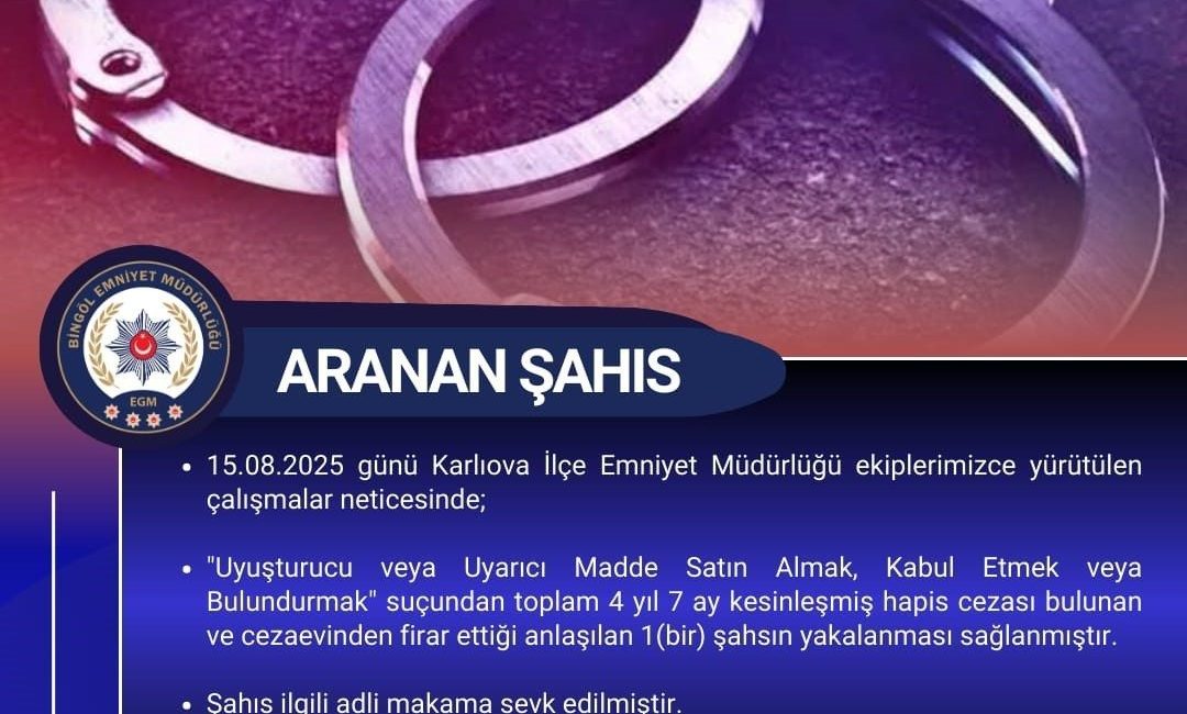 Bingöl’de 4 yıl 7 ay kesinleşmiş hapis cezası bulunan ve