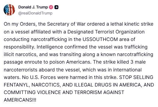 ABD Başkanı Donald Trump, ABD ordusunun uyuşturucu taşıyan bir tekneye