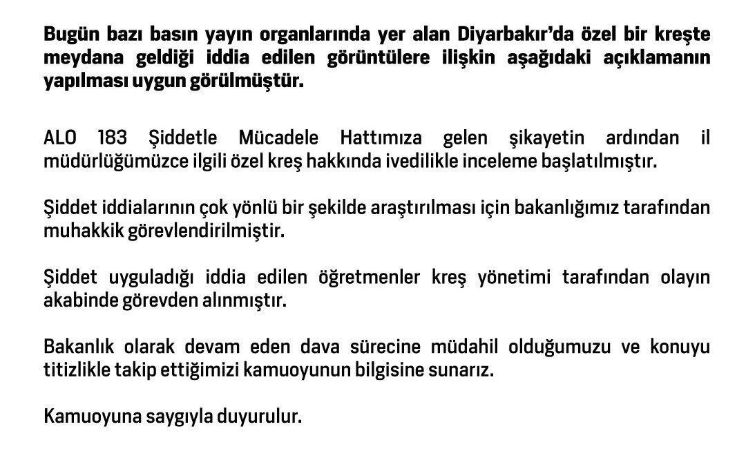 Aile ve Sosyal Hizmetler Bakanlığı tarafından Diyarbakır’daki özel kreşte meydana