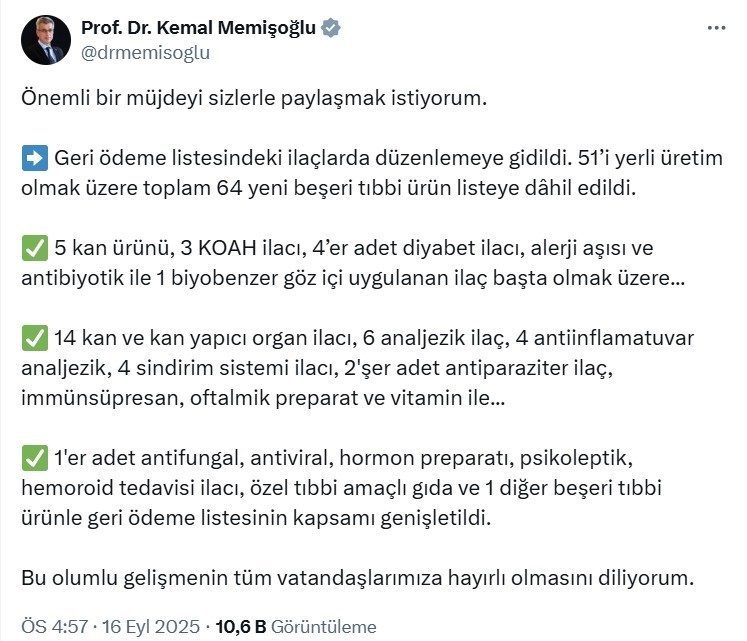 Sağlık Bakanı Kemal Memişoğlu, geri ödeme listesindeki ilaçlarda düzenlemeye gidildiğini