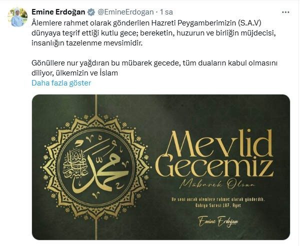 Cumhurbaşkanı Recep Tayyip Erdoğan’ın eşi Emine Erdoğan, Mevlit Kandili dolayısıyla