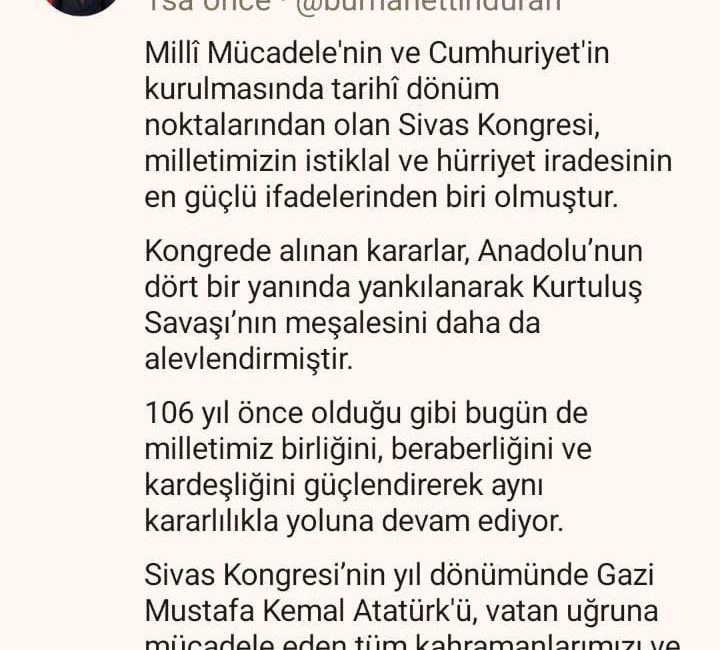 Cumhurbaşkanlığı İletişim Başkanı Burhanettin Duran, “Milli Mücadele’nin ve Cumhuriyet’in kurulmasında