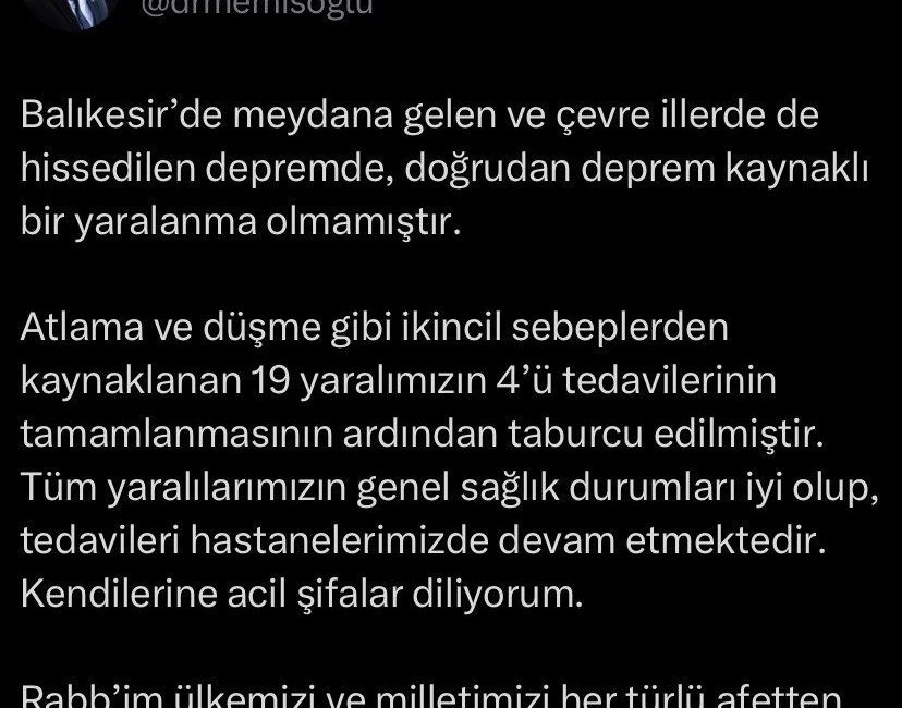 Sağlık Bakanı Kemal Memişoğlu, “Balıkesir’de meydana gelen ve çevre illerde