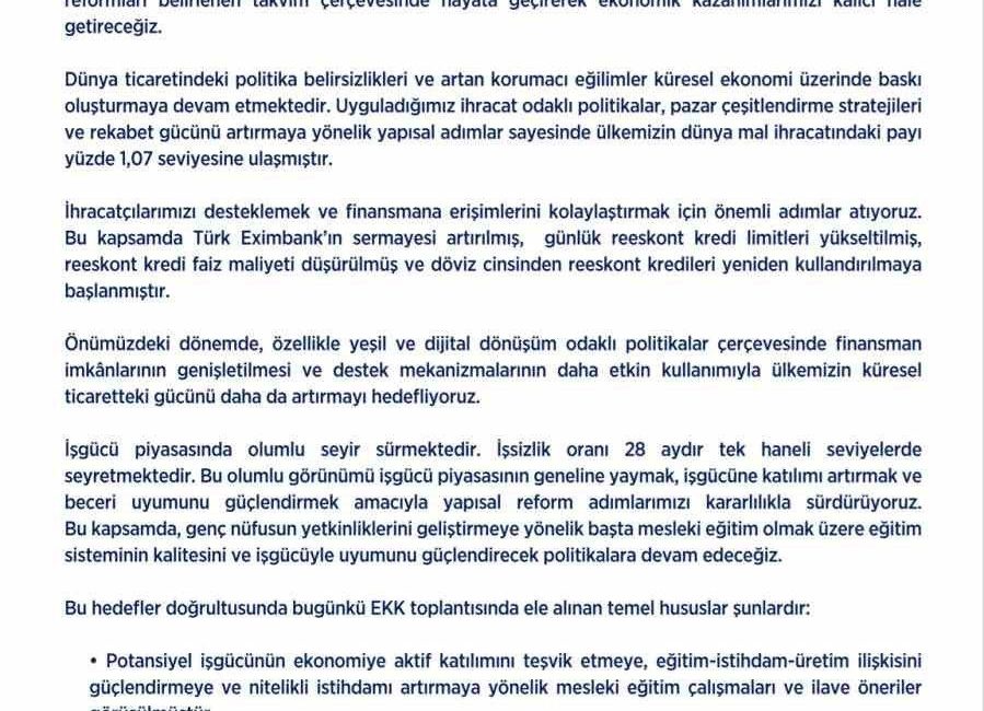 Ekonomi Koordinasyon Kurulu toplantısında 2026-2028 Orta Vadeli Program (OVP) çerçevesinde