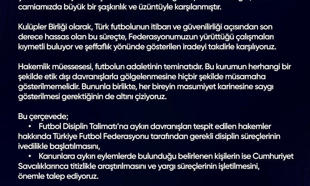 Kulüpler Birliği, Türkiye Futbol Federasyonu’na (TFF) çağrıda bulunarak, bahis hesabı