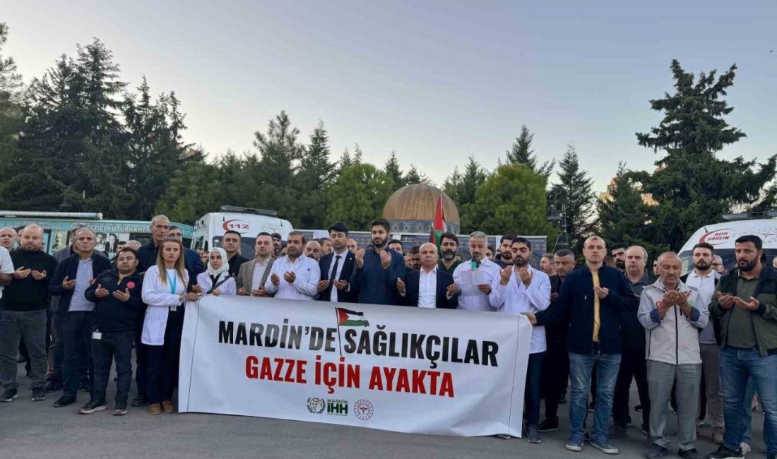 Mardin’de sağlıkçılar Gazze için ayakta Mardin’de sağlık çalışanları tarafından Gazze’deki sağlıkçılara destek amacıyla basın açıklaması