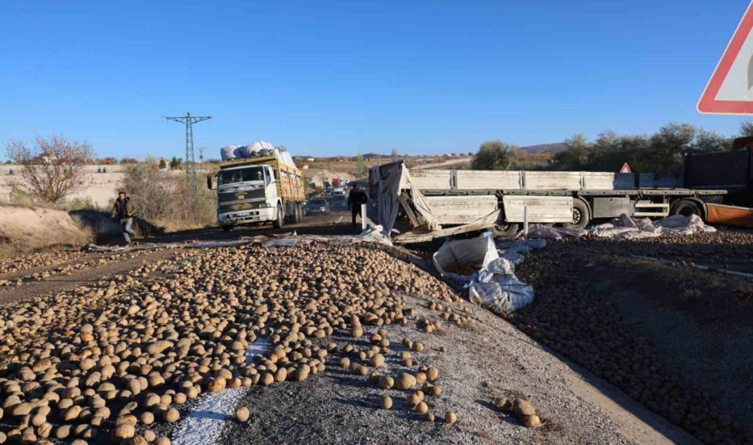 Nevşehir’de patates yüklü bir tırın devrilmesi sonucu tonlarca patates karayoluna