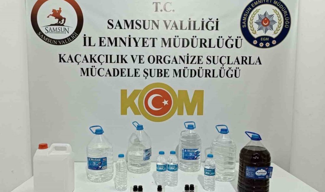 Samsun’da polis ekiplerince gerçekleştirilen operasyonda sahte alkollü içki ele geçirildi,