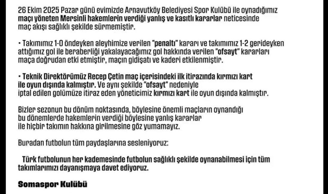 Kendi evinde Arkent Arnavutköy Belediye Spor Kulübüne 3-1 yenilen Somaspor