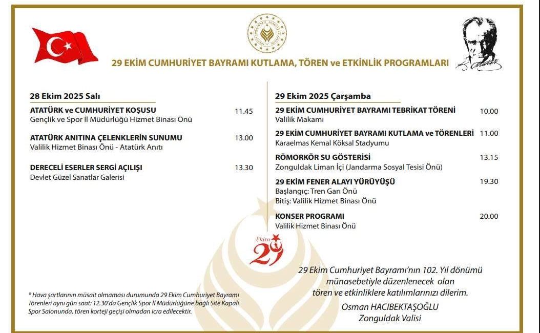 Cumhuriyetin 102. yılı kapsamında kentte yapılacak kutlama, tören ve etkinlik